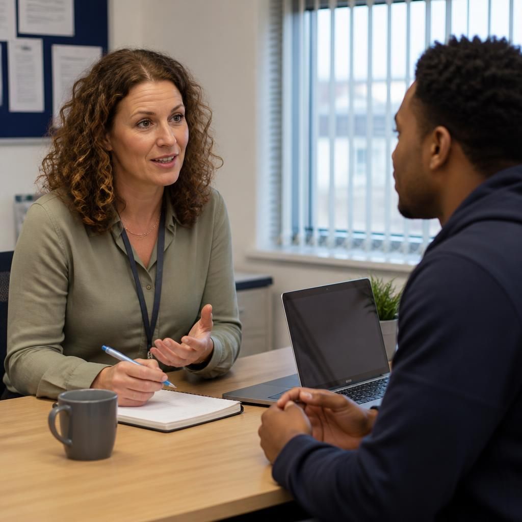 Foster carer discussing work and childcare arrangements with an adviser