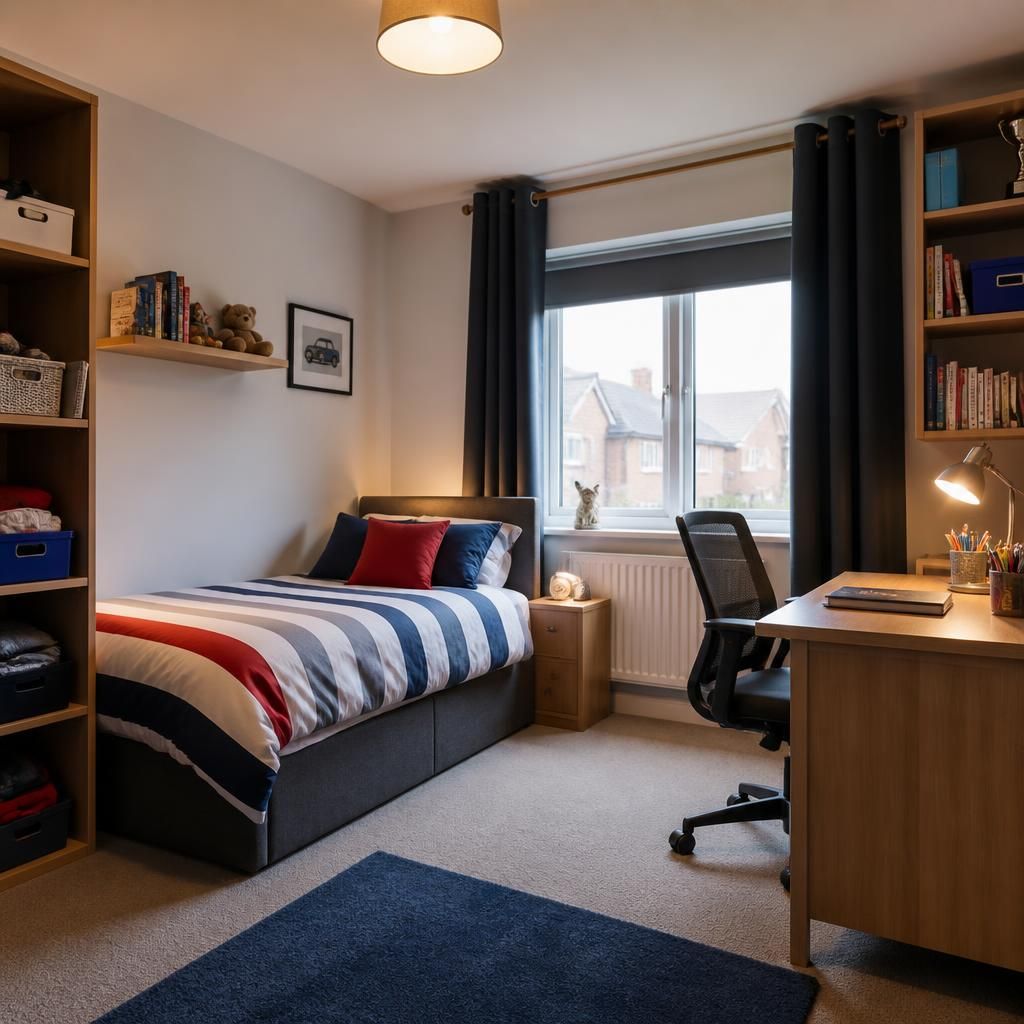Child’s bedroom with a single bed, storage space and desk
