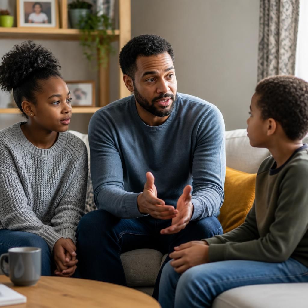 Parent talking with children at home about welcoming a foster child