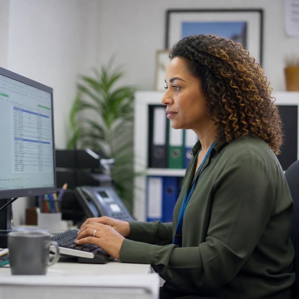 Social worker reviewing fostering records on a secure computer