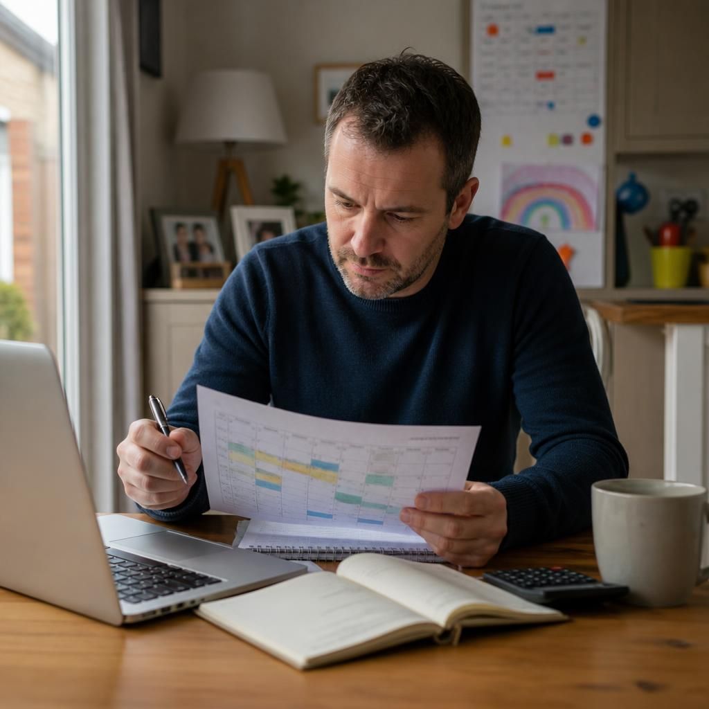 Foster carer reviewing a work rota and childcare arrangements at home