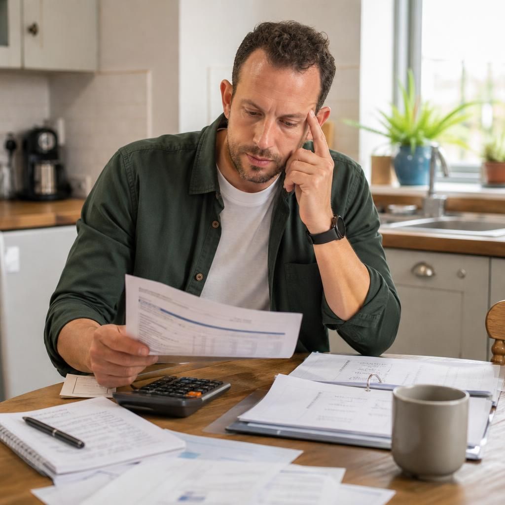 Foster carer reviewing household costs and fostering paperwork at a kitchen table