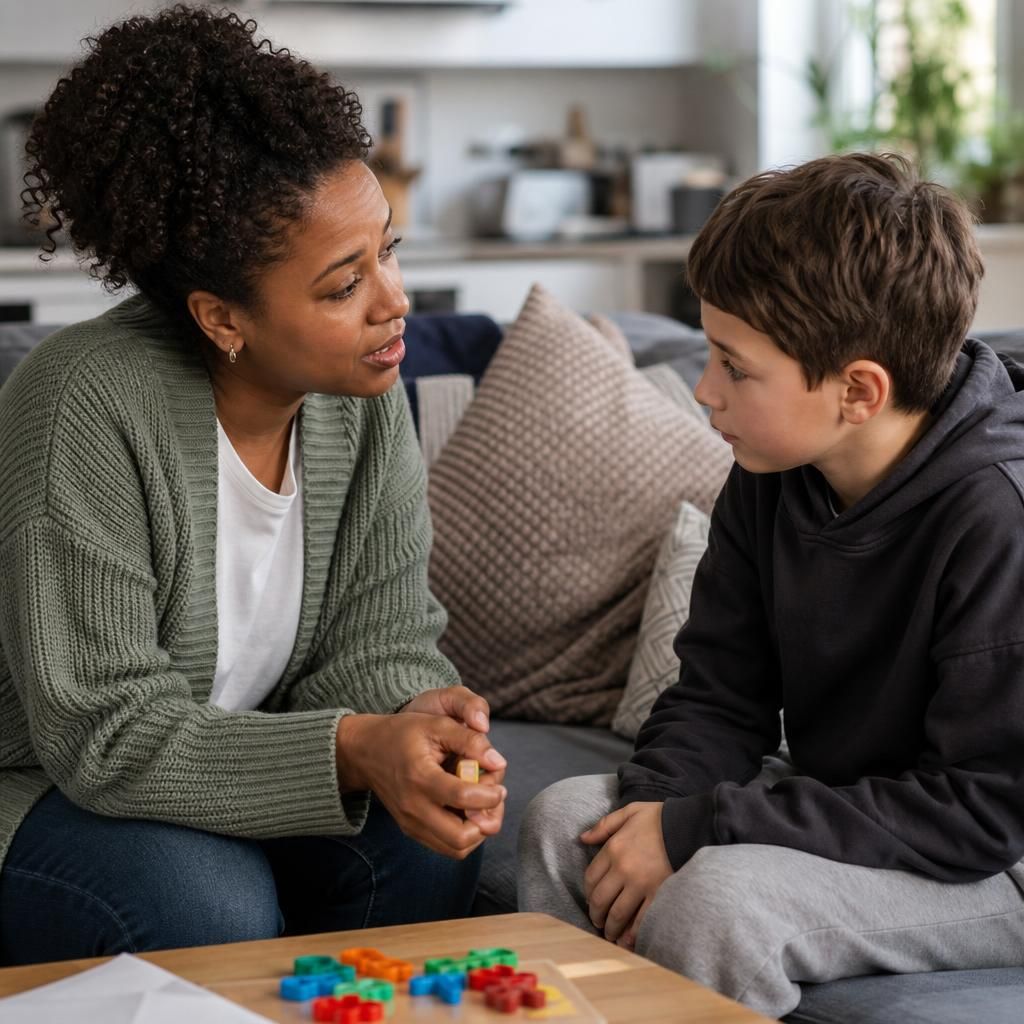 Foster carer speaking with a child during a quiet activity