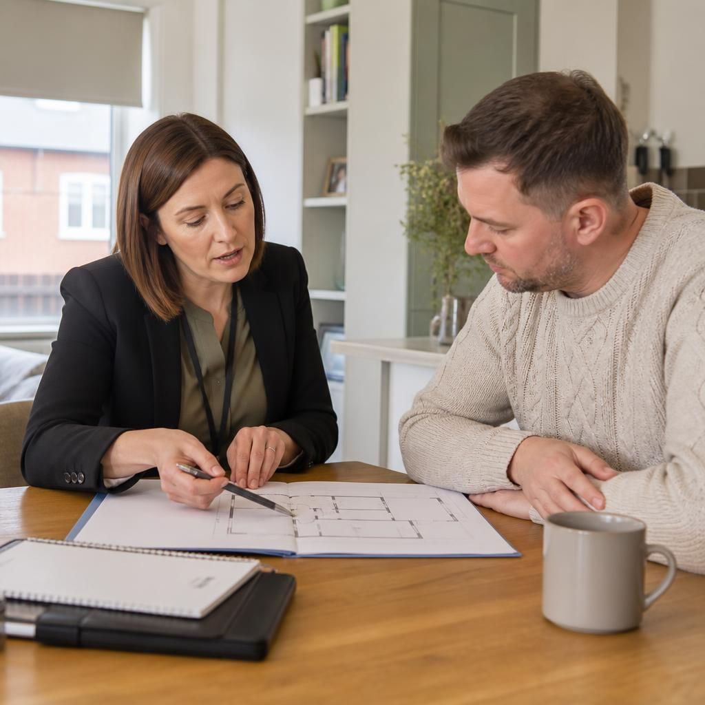 Fostering assessor reviewing a home floor plan with a prospective foster carer