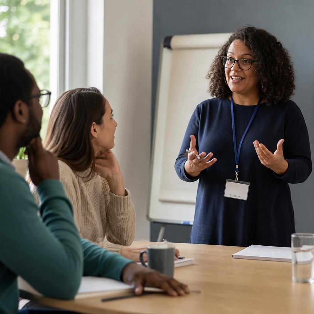 Foster care trainer leading a discussion with prospective foster carers