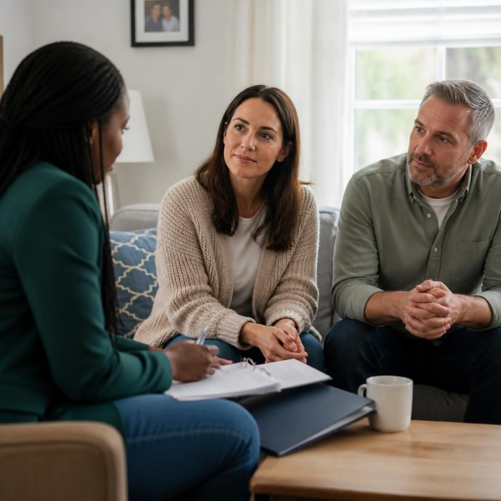 Foster carers discussing a child’s care plan with a social worker