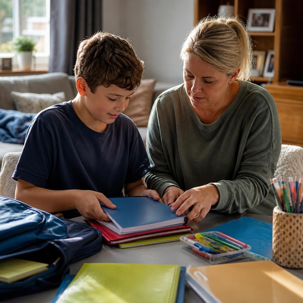 Foster carer helping a child organise books and school supplies at home