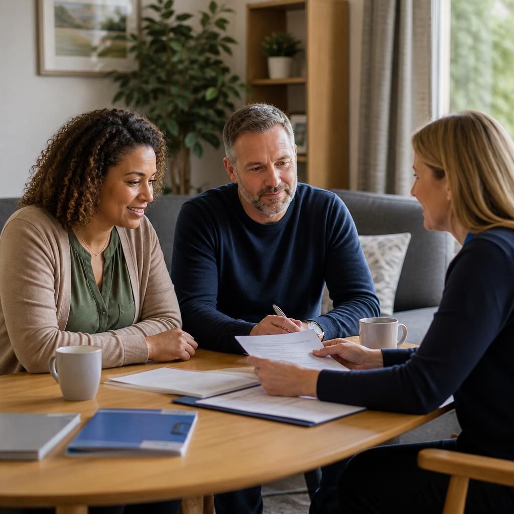 Foster carers discussing training materials with a trainer at a table