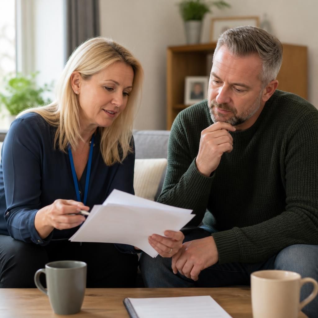 Foster carer reviewing transfer documents with a social worker