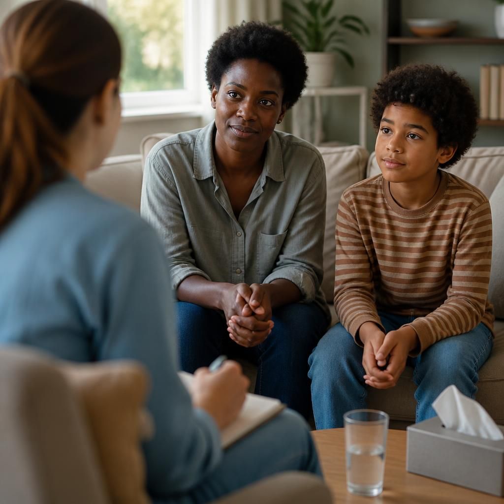 Adult and child sitting together at home during a fostering discussion
