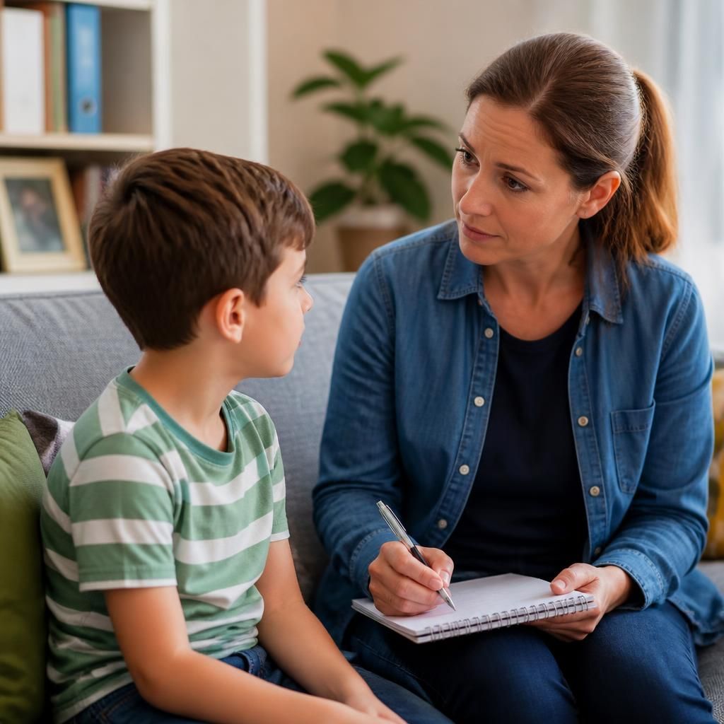 Foster carer speaking with a child while holding safeguarding notes