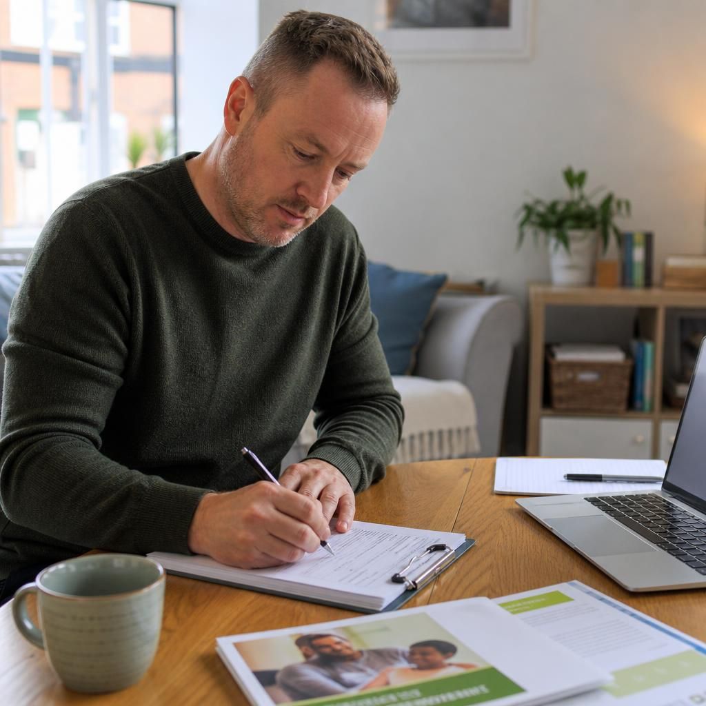 Prospective foster carer completing an application form with guidance documents beside them