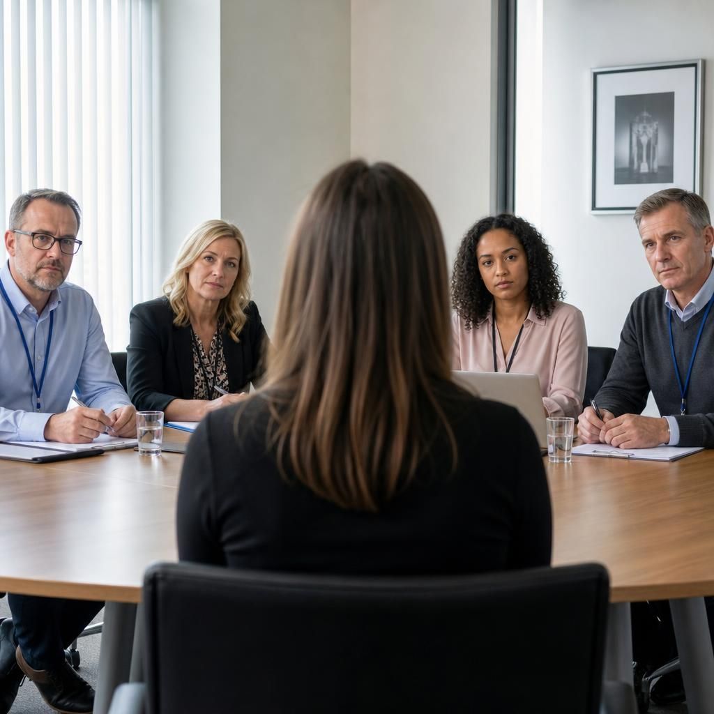 Prospective foster carer speaking with panel members during an approval meeting