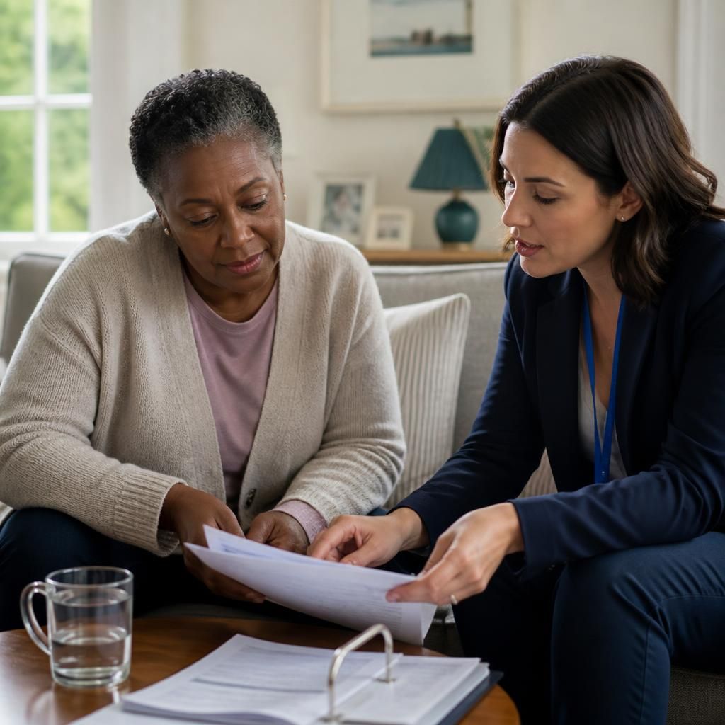 Social worker and kinship foster carer discussing a child's placement records
