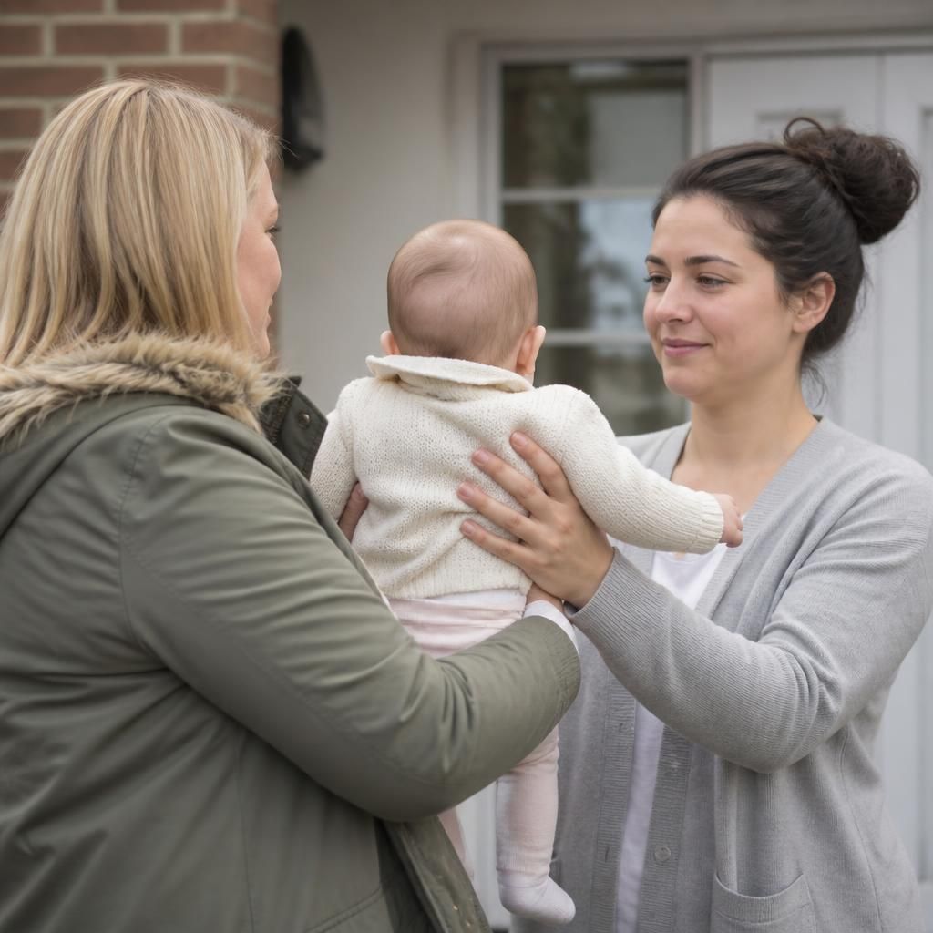 Foster carer handing an infant to a parent during a supervised contact visit