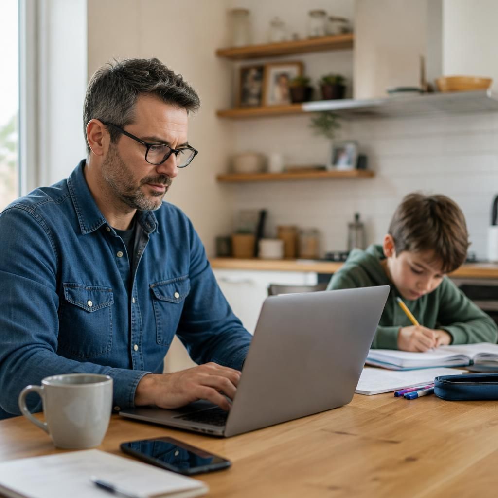 Foster carer working at a laptop while a child completes homework nearby