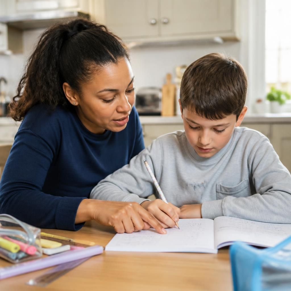 Foster carer helping a child with homework at a table