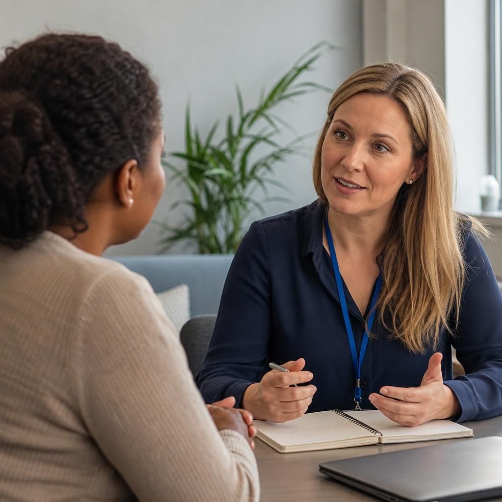 Prospective foster carer speaking with a social worker at a table