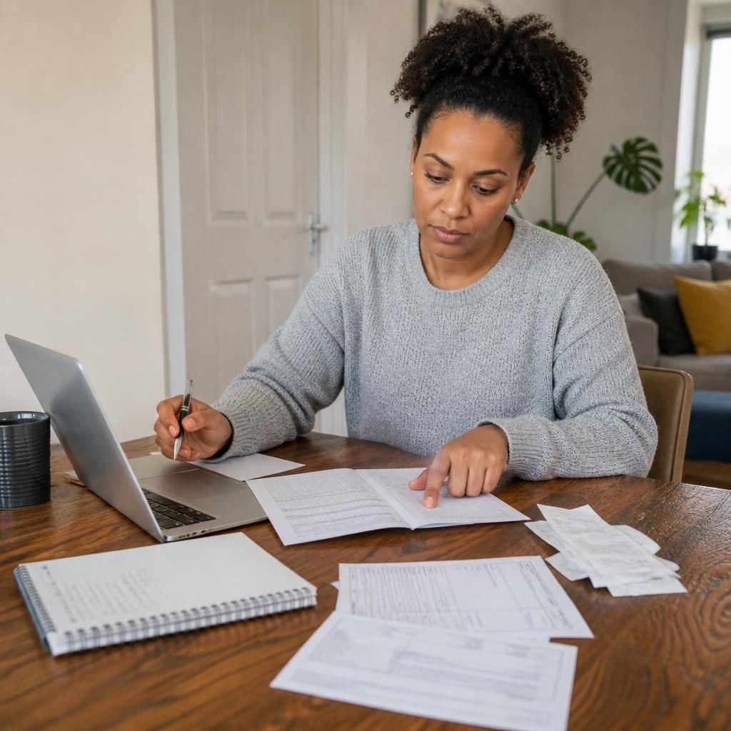 Foster carer reviewing household budget and fostering payment records at a table