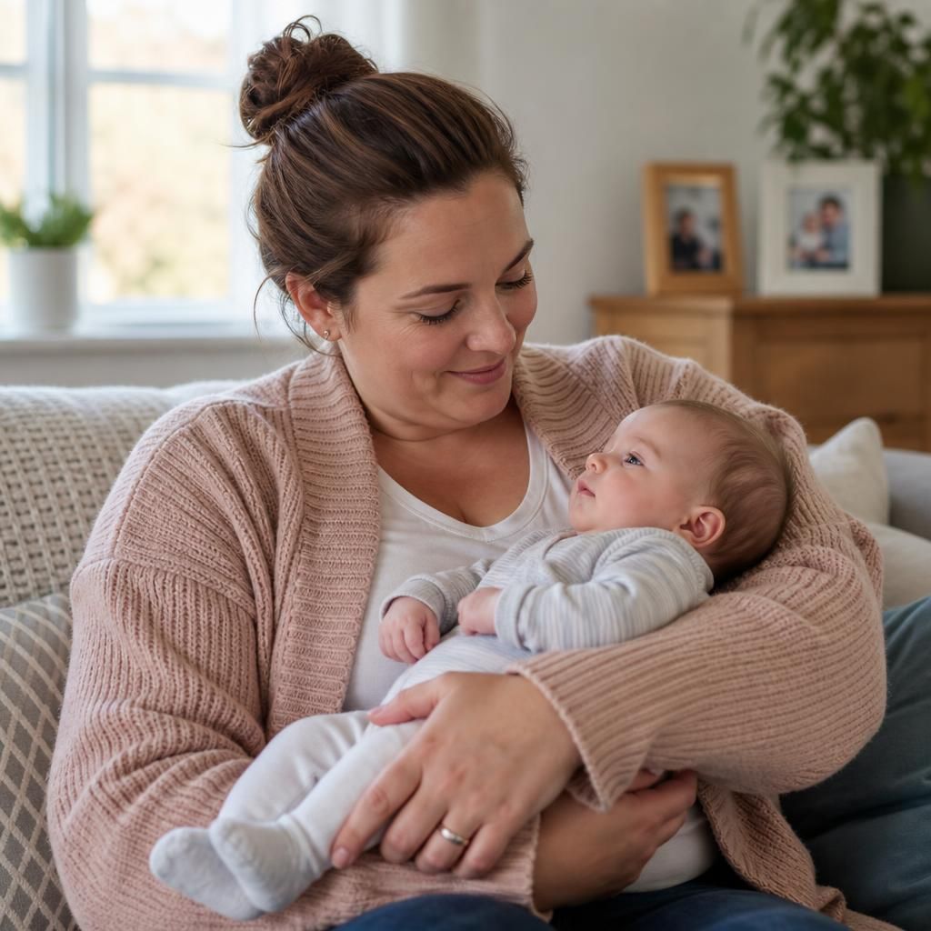 Foster carer holding a baby in a family home
