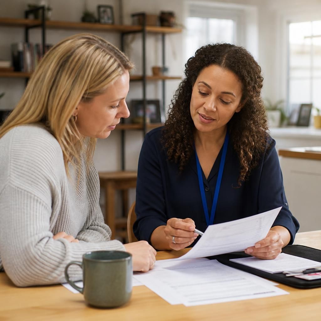 Applicant reviewing fostering assessment paperwork with a social worker