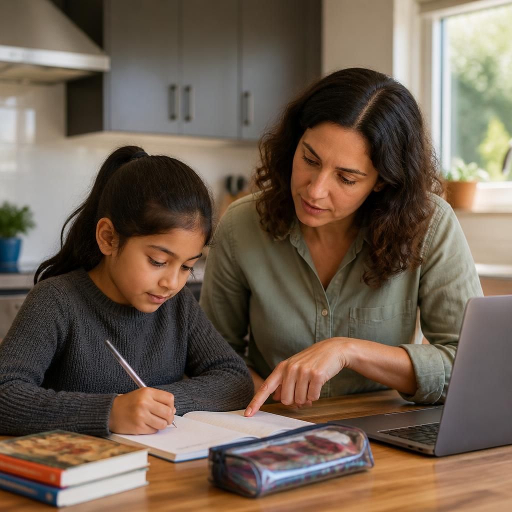 Foster carer helping a child with homework at a kitchen table