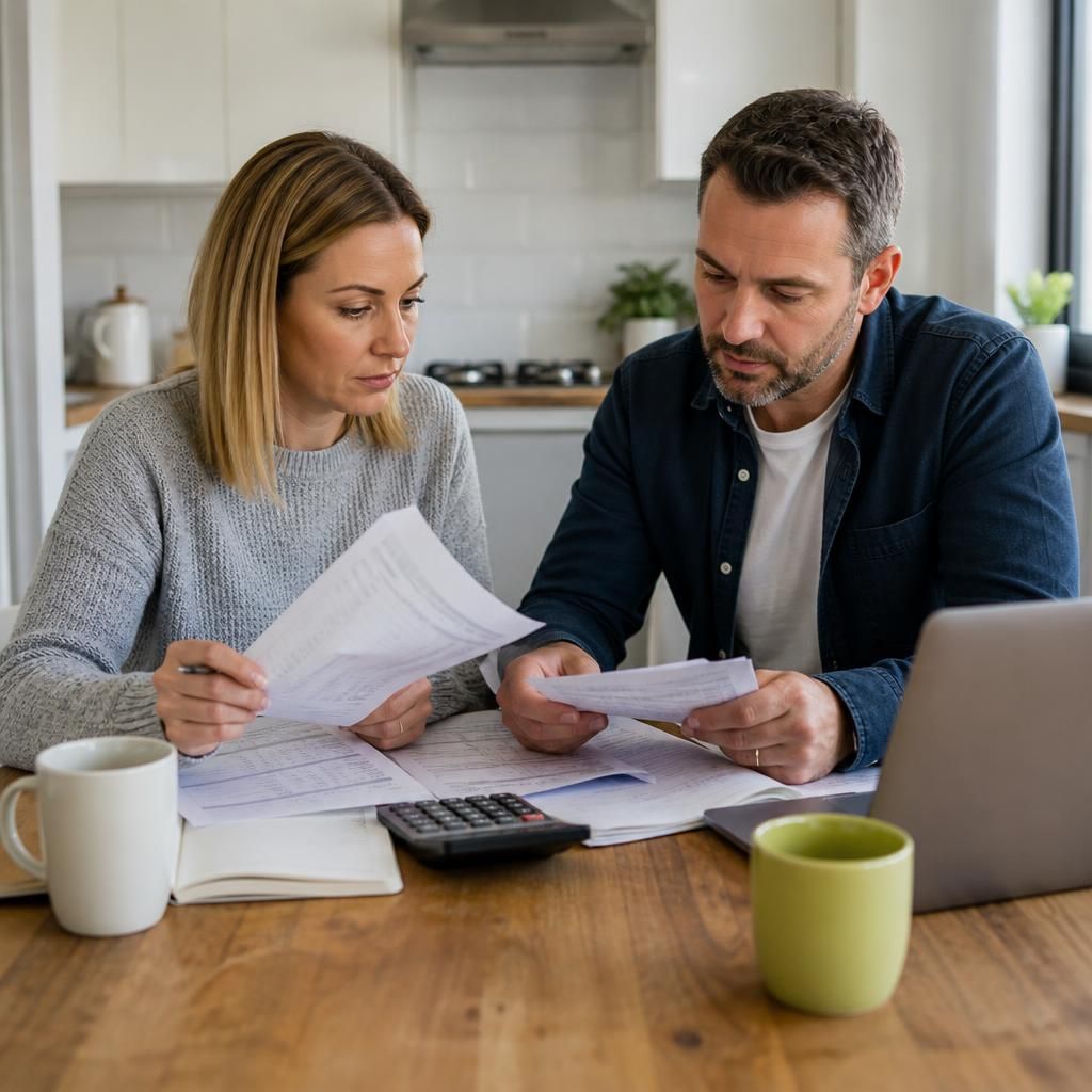 Person reviewing household bills and fostering-related expenses at a kitchen table