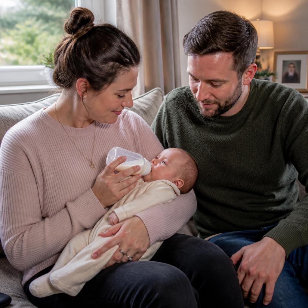 Foster family spending quiet time with a baby at home