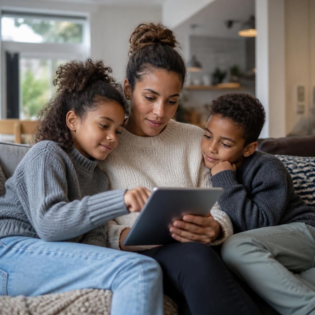 Single parent sitting with children together in a family home