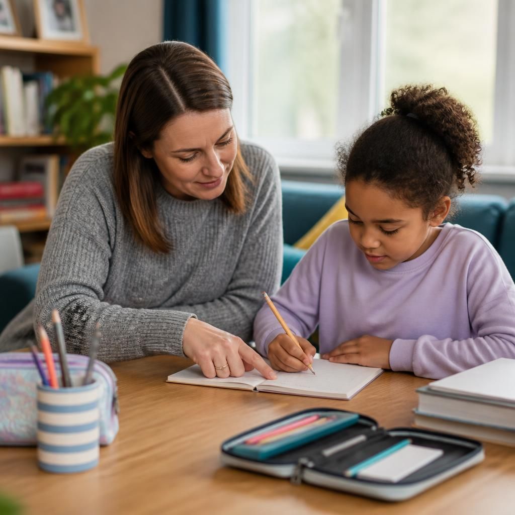 Adult supporting a child with a calm daily activity