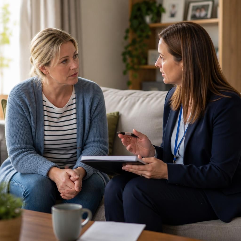 Foster carer discussing a child's placement needs with a social worker