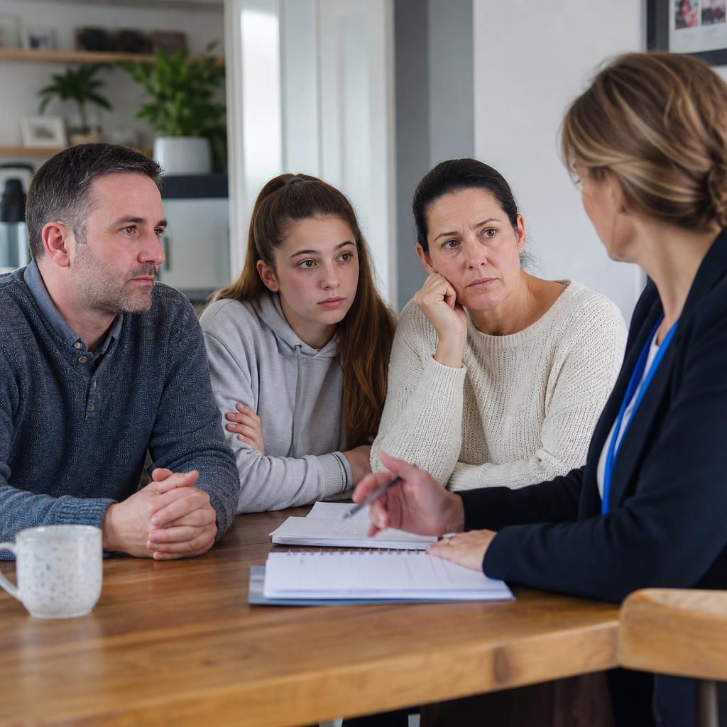 Household members discussing fostering with an assessing social worker around a table