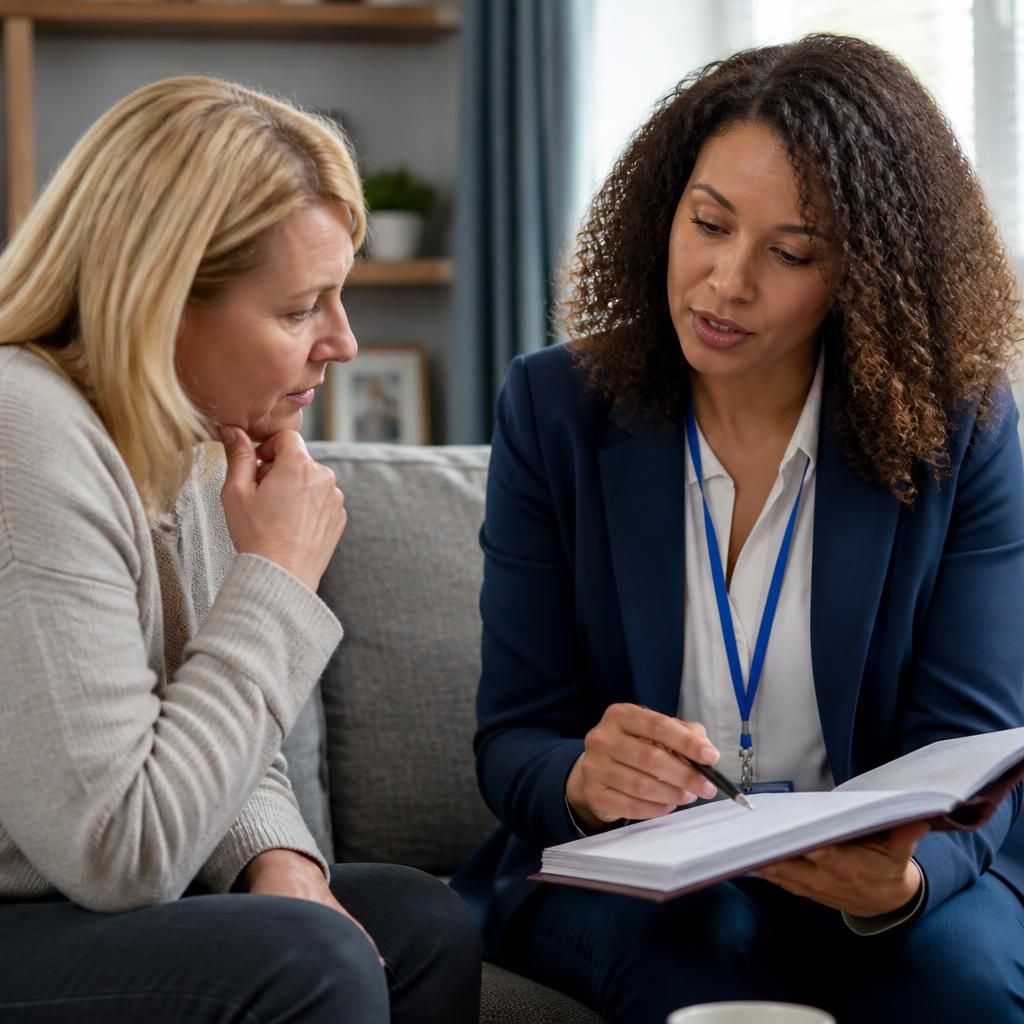 Foster carer discussing safeguarding notes with a social worker