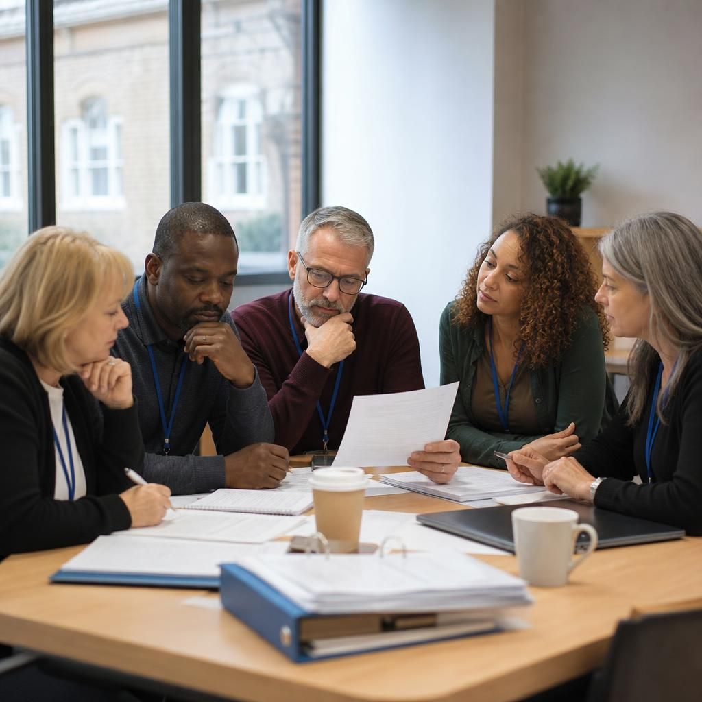 Fostering panel members reviewing an applicant’s assessment documents during a meeting
