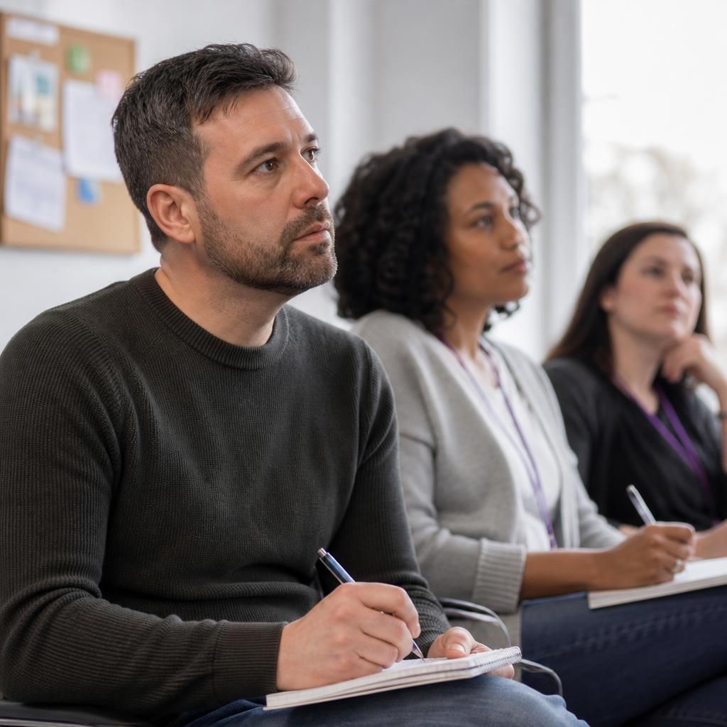 Working foster carer taking notes during a training session