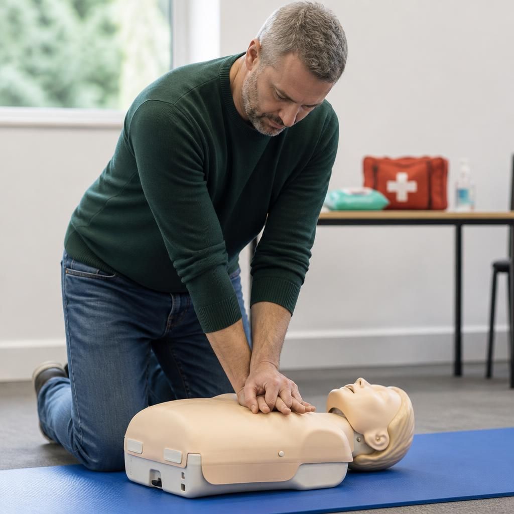 Foster carer practising CPR on a first-aid training manikin