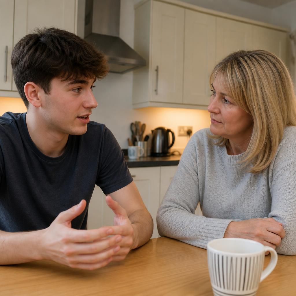 Young adult speaking with foster carer at a kitchen table