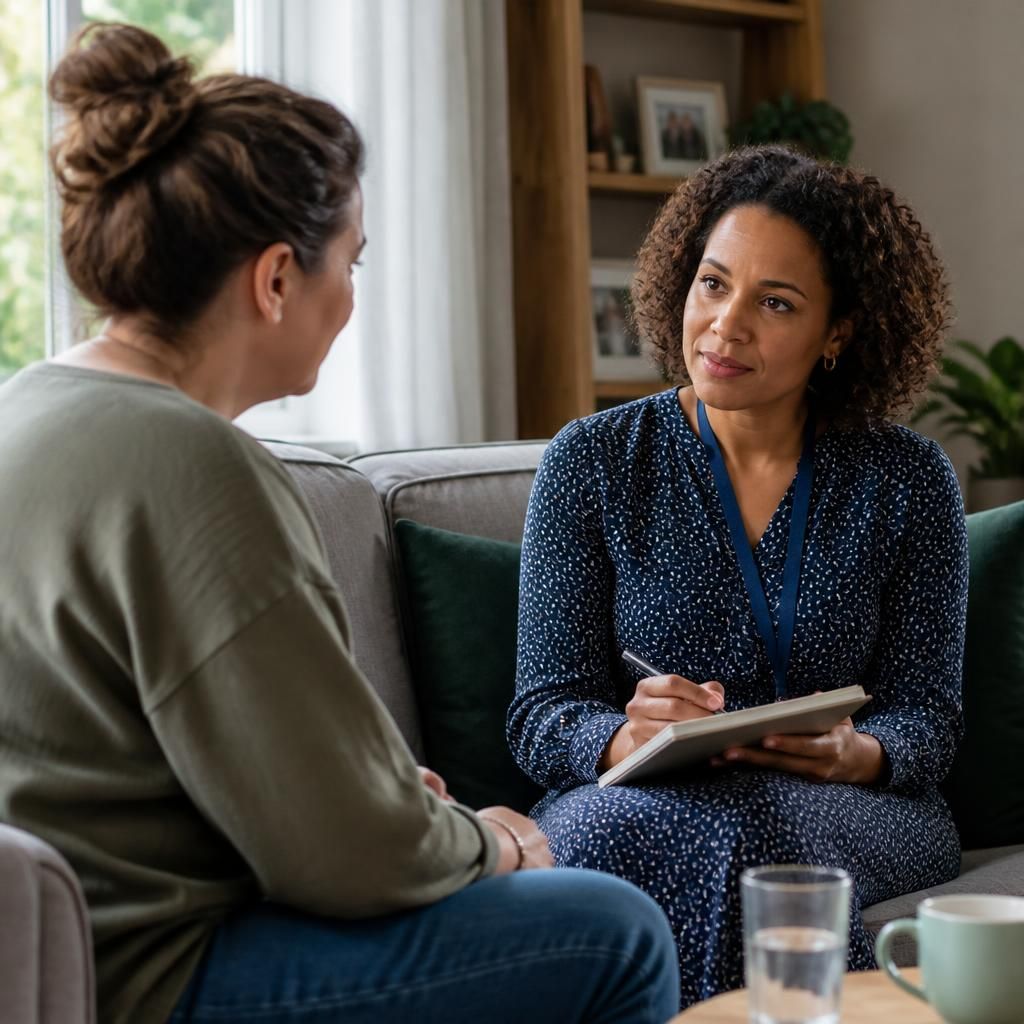 Foster carer speaking with a supervising social worker during a support meeting