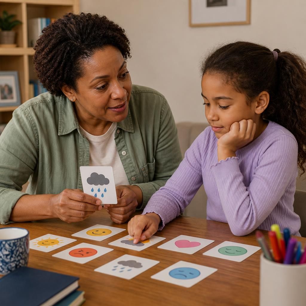 Kinship carer and child using emotion cards at a table