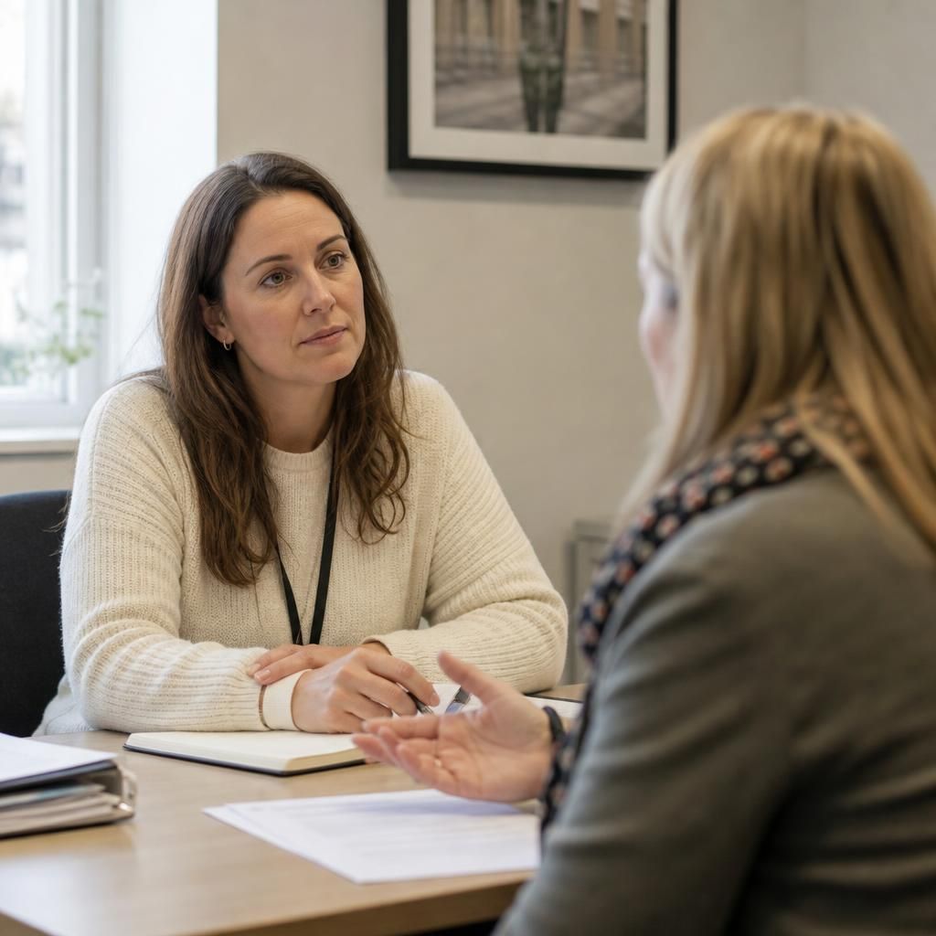 Foster carer speaking with a social worker during a placement review meeting