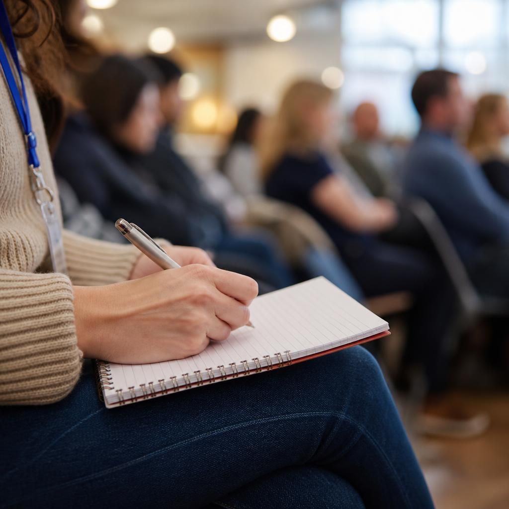 Person writing questions in a notebook at a fostering information event