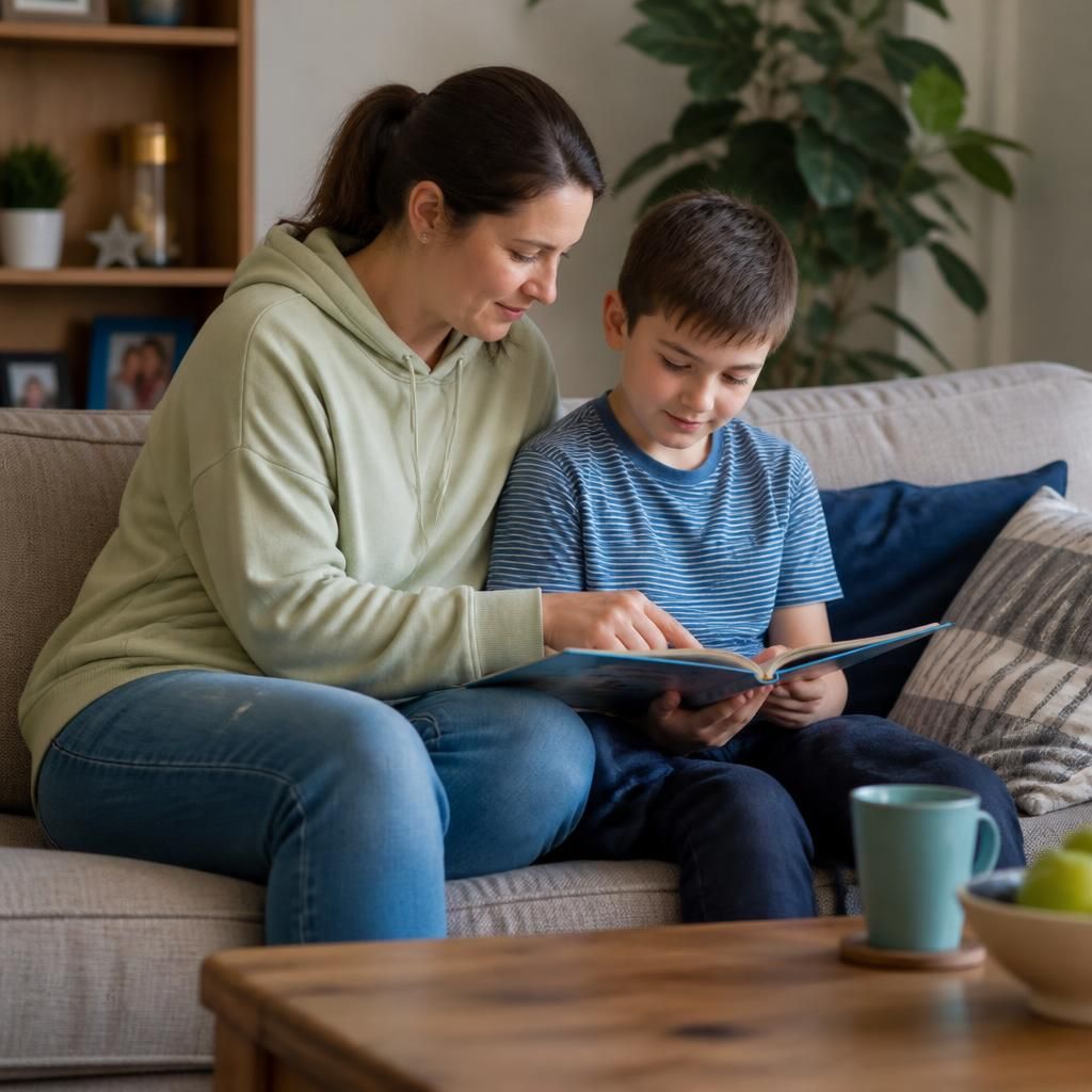 Foster carer and child reading together in a living room