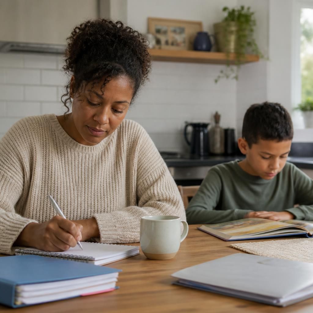 Foster parent writing notes at a kitchen table while a child reads nearby