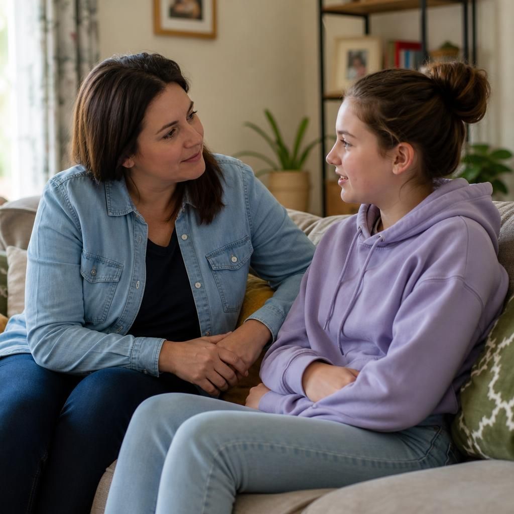 Foster carer and young person talking calmly in a living room