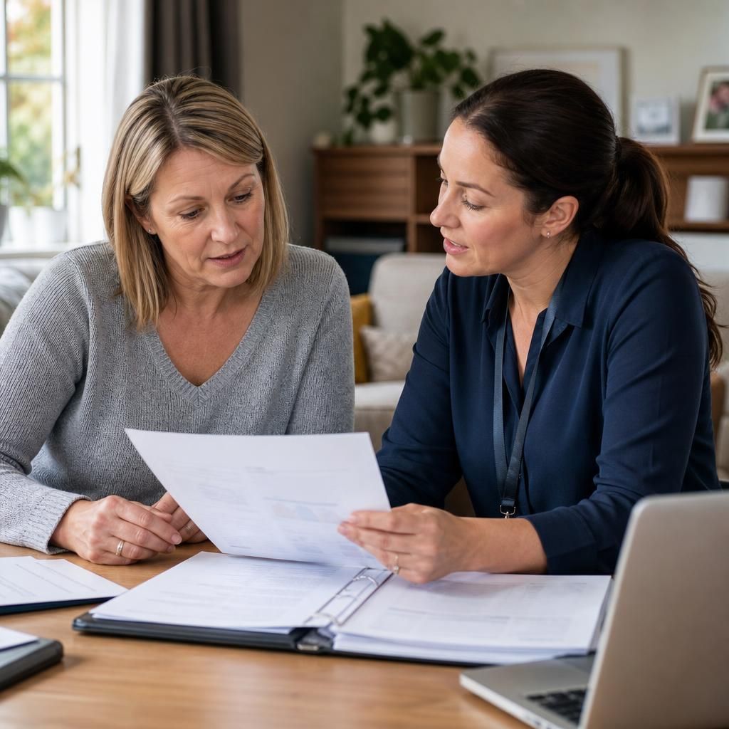 Foster carer and social worker reviewing payment documents at a table