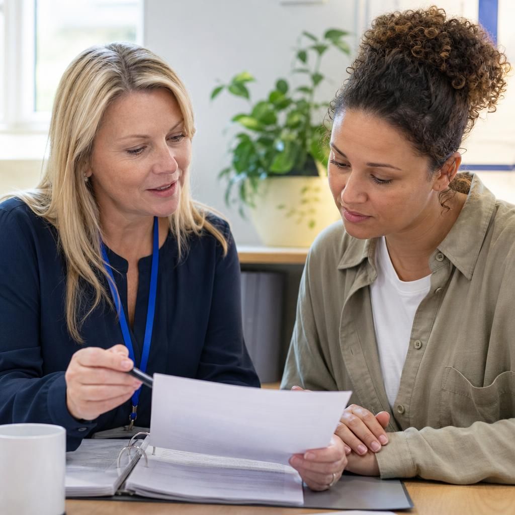 Foster applicant discussing DBS paperwork with an assessing social worker