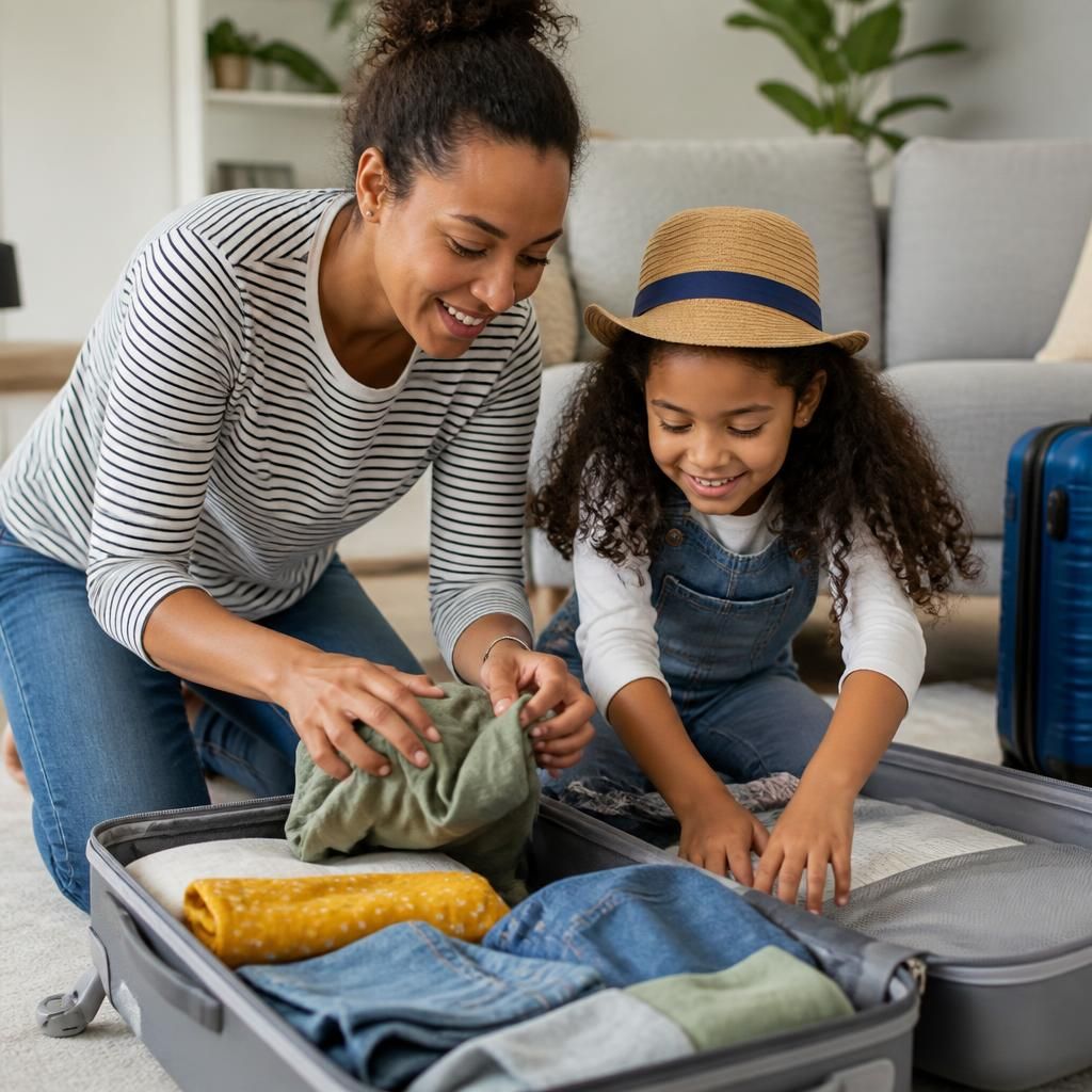Adult and child packing a suitcase for a holiday