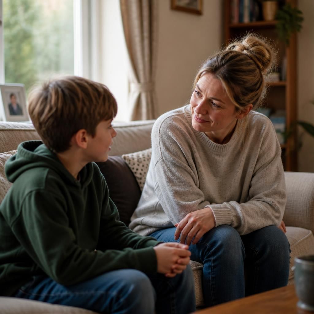 Foster carer listening to a child during a quiet conversation at home