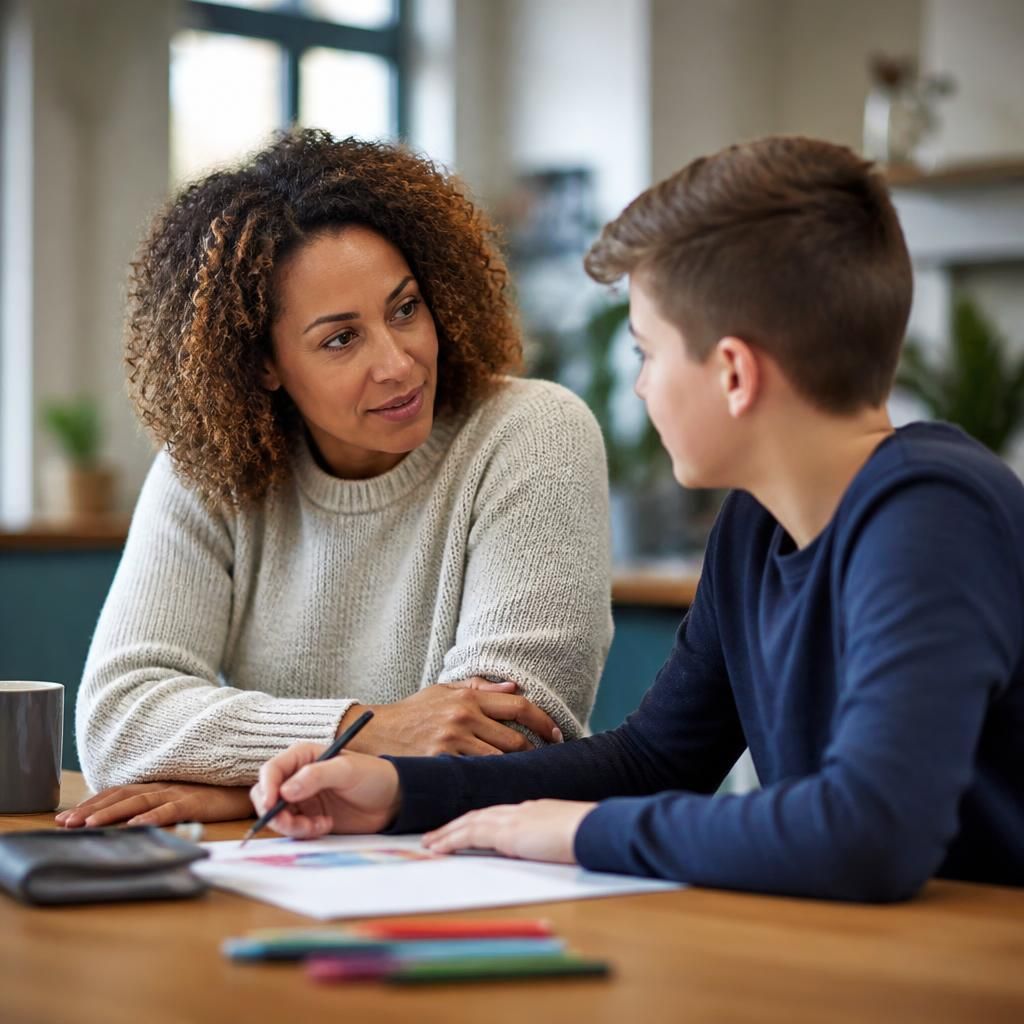 Foster carer speaking with a child during a quiet activity