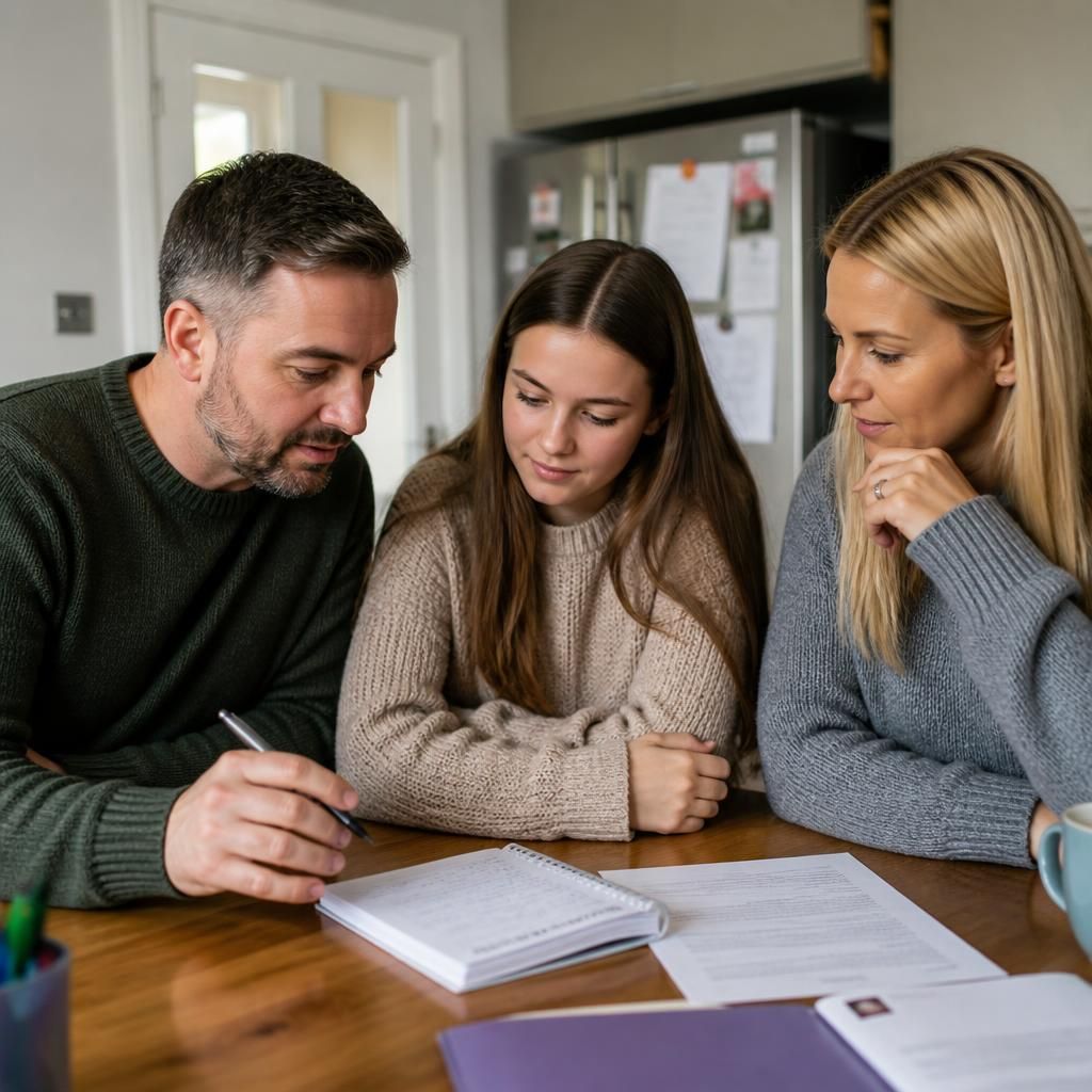 Family members discussing fostering notes around a table